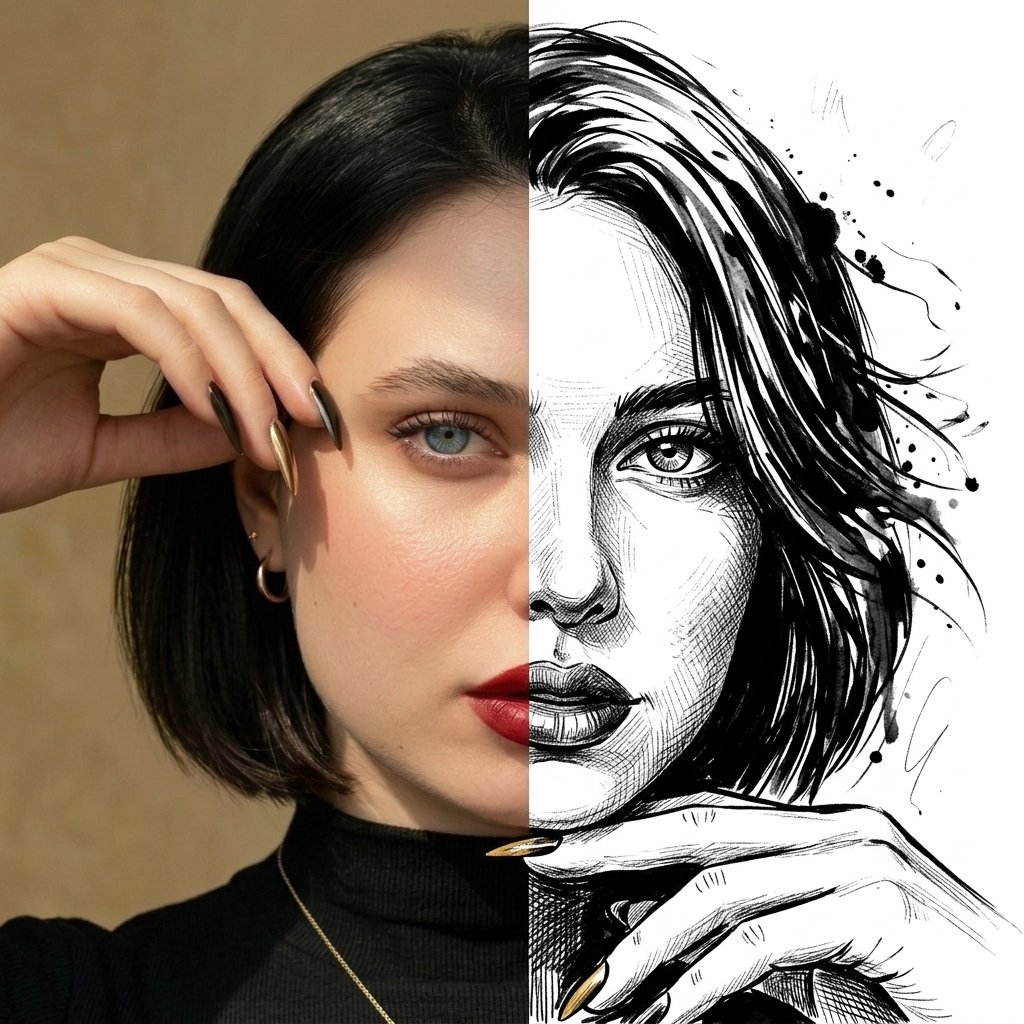 个人资料 / 头像 - 半脸照片与水墨插画合成 效果图
