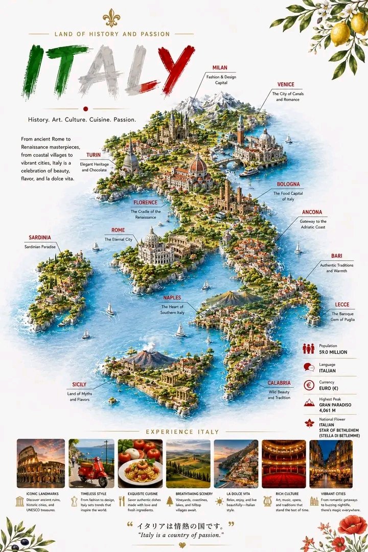 信息图 / 教育视觉图 - 意大利 3D 旅游信息图详图 效果图