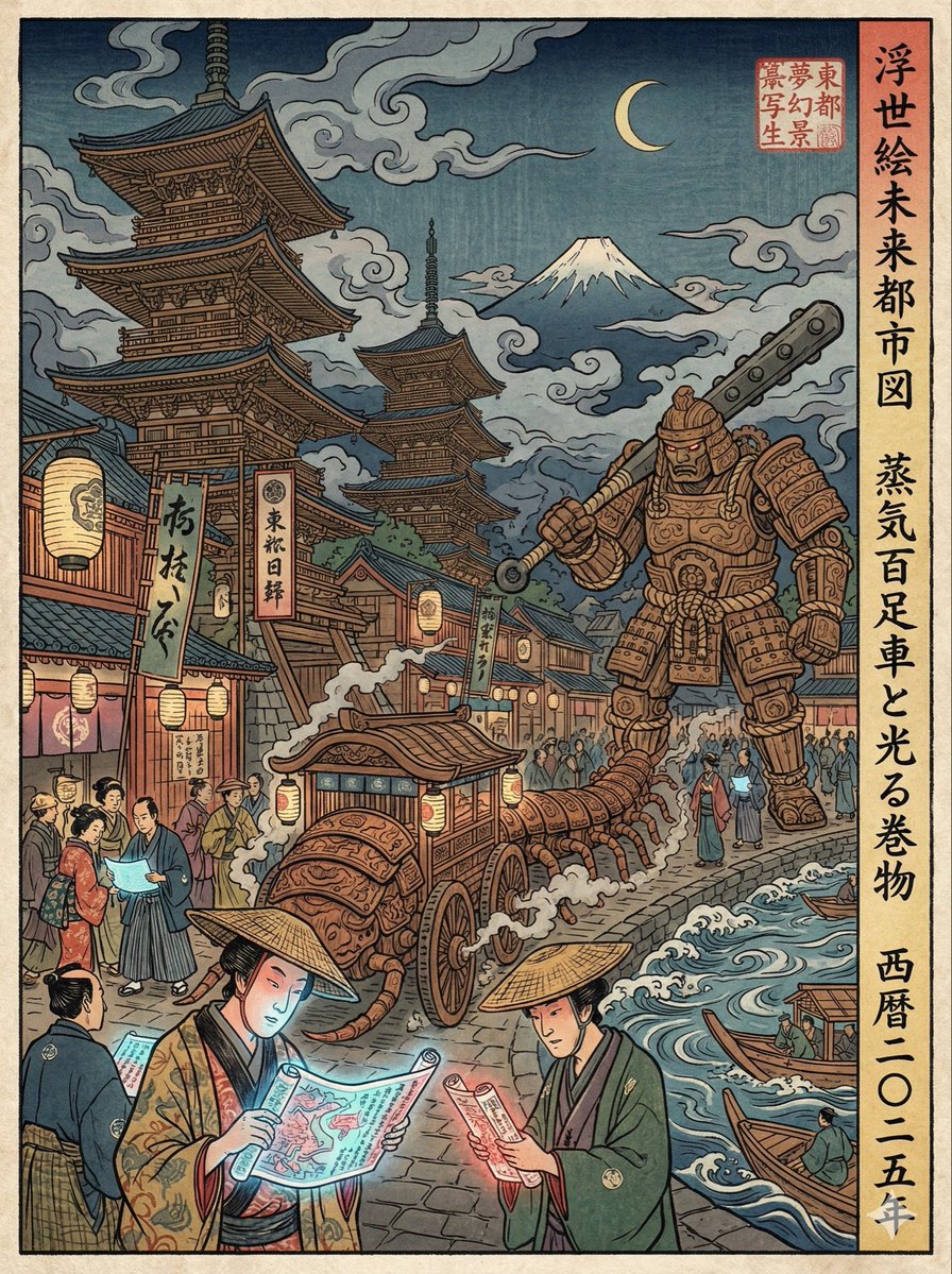 江户时代浮世绘风格的现代场景再现 效果图