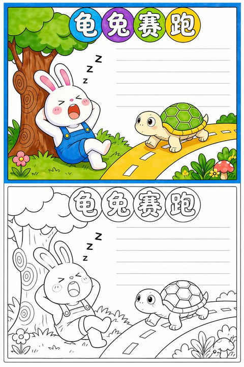 童趣手抄报涂色线稿模板 效果图