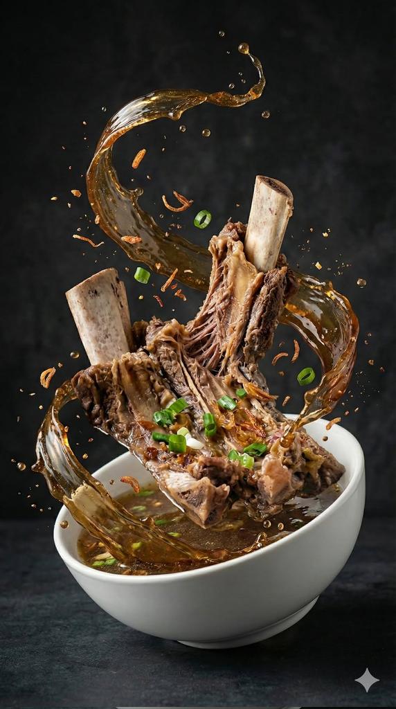 热汤飞溅肉骨悬浮的美食摄影 效果图