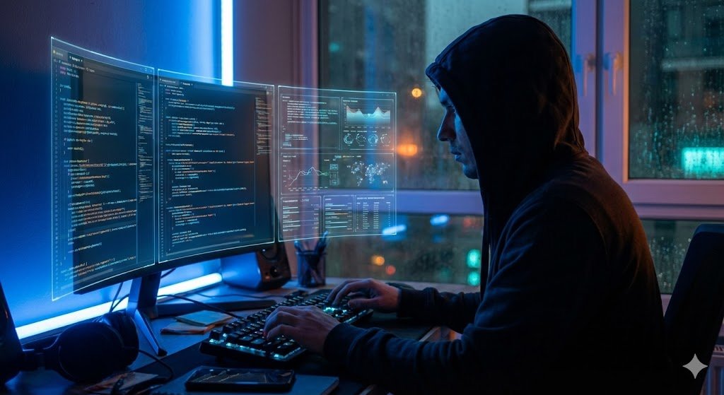 深夜全息屏前的科技黑色电影工程师 效果图