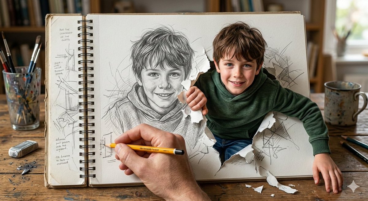 破纸而出的素描少年 效果图