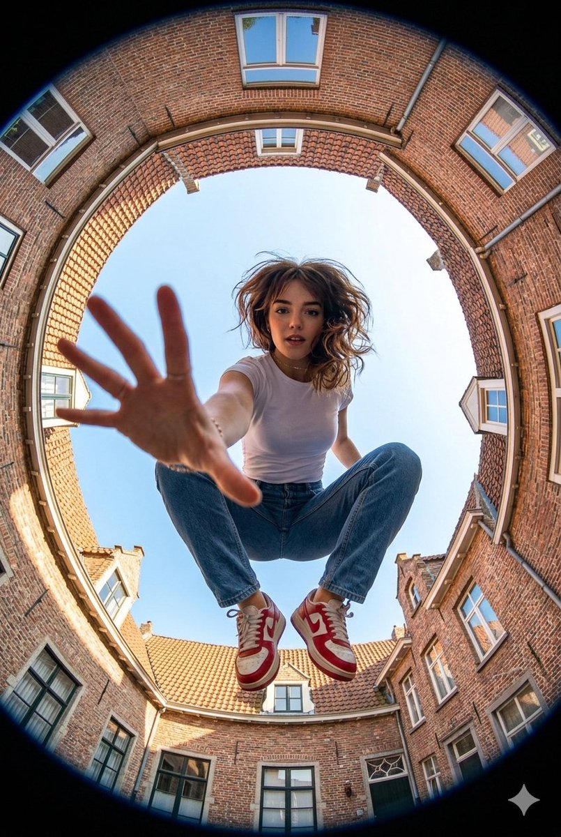 鱼眼仰望砖墙间的跃动少女 效果图
