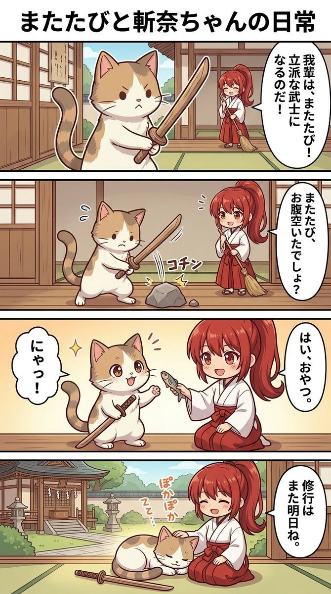 红发少女与猫咪的温馨四格日常 效果图