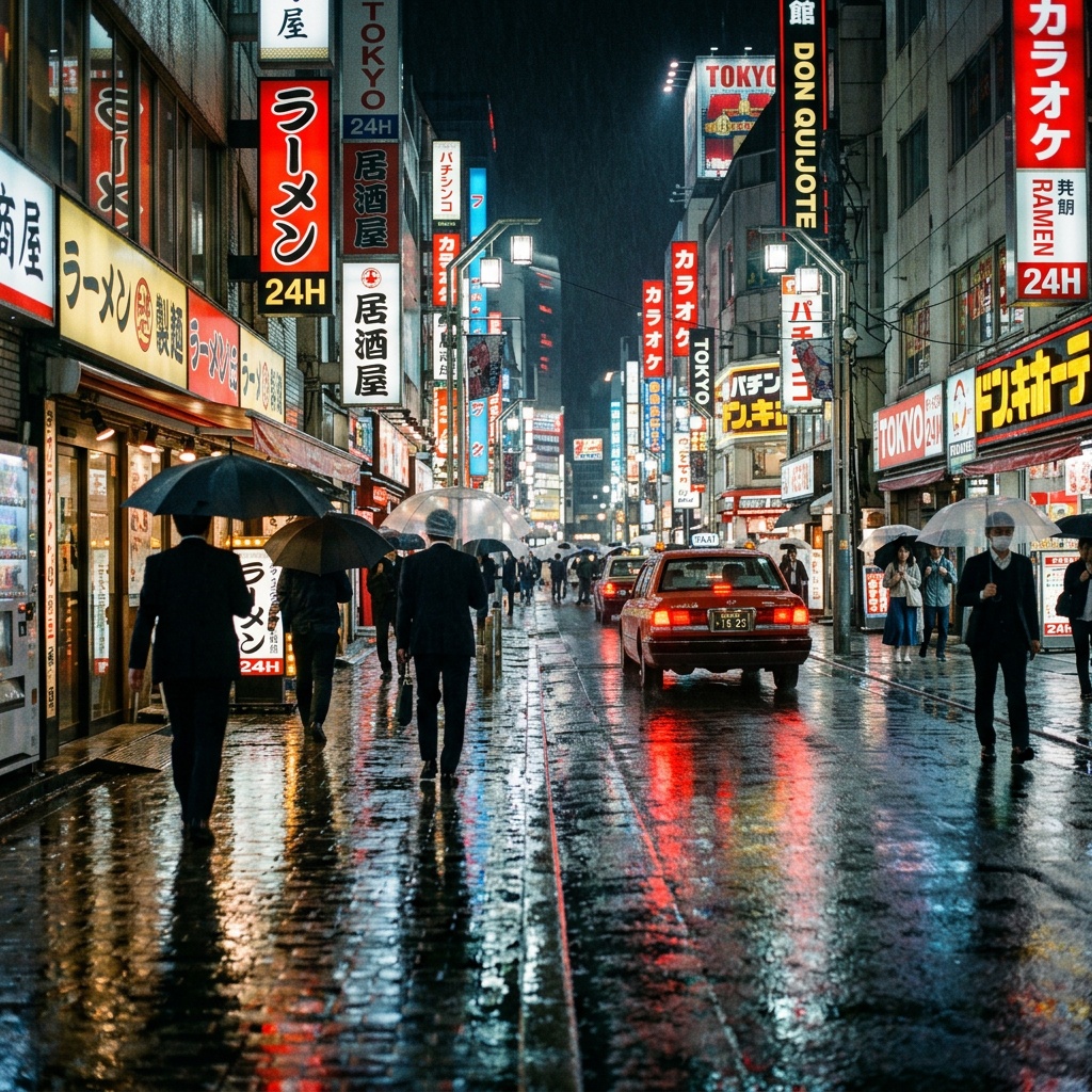 赛博朋克风东京雨夜霓虹街道 效果图