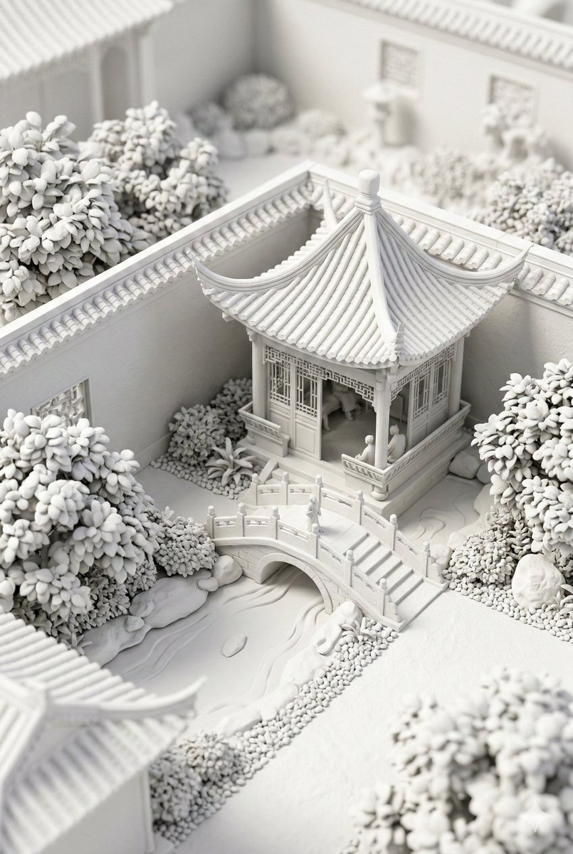 纯白黏土风中式庭院微缩景观 效果图