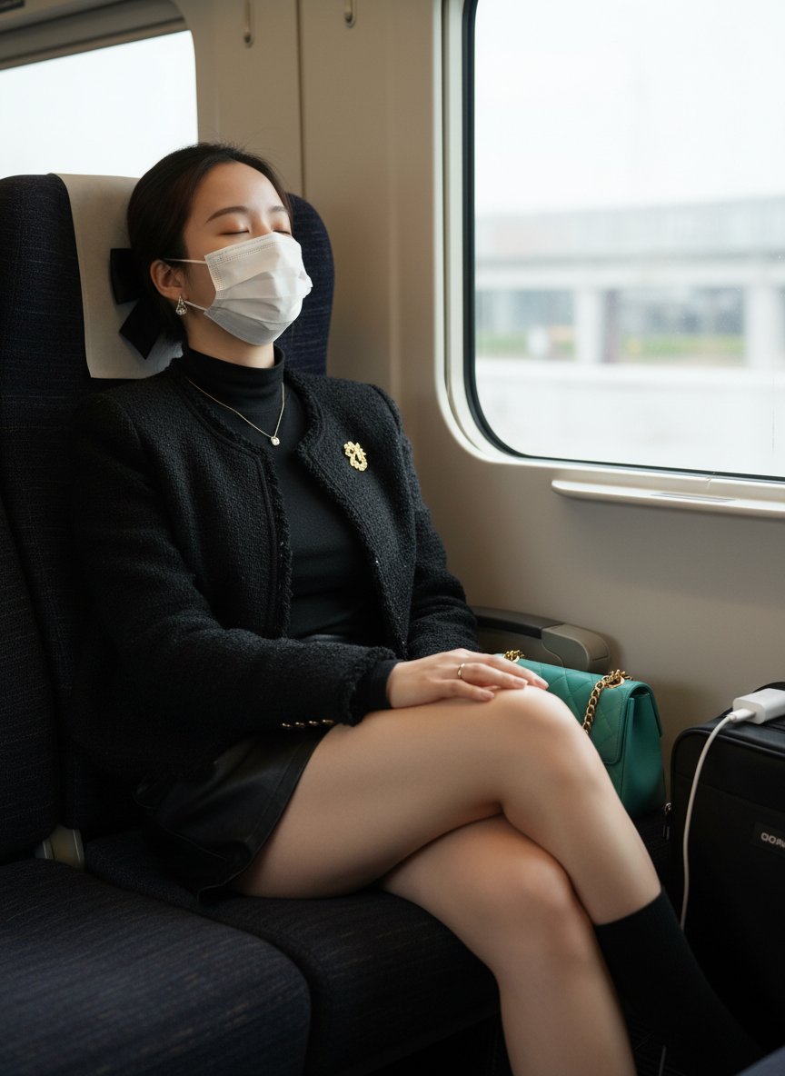 火车窗边沉睡的优雅黑发女郎 效果图