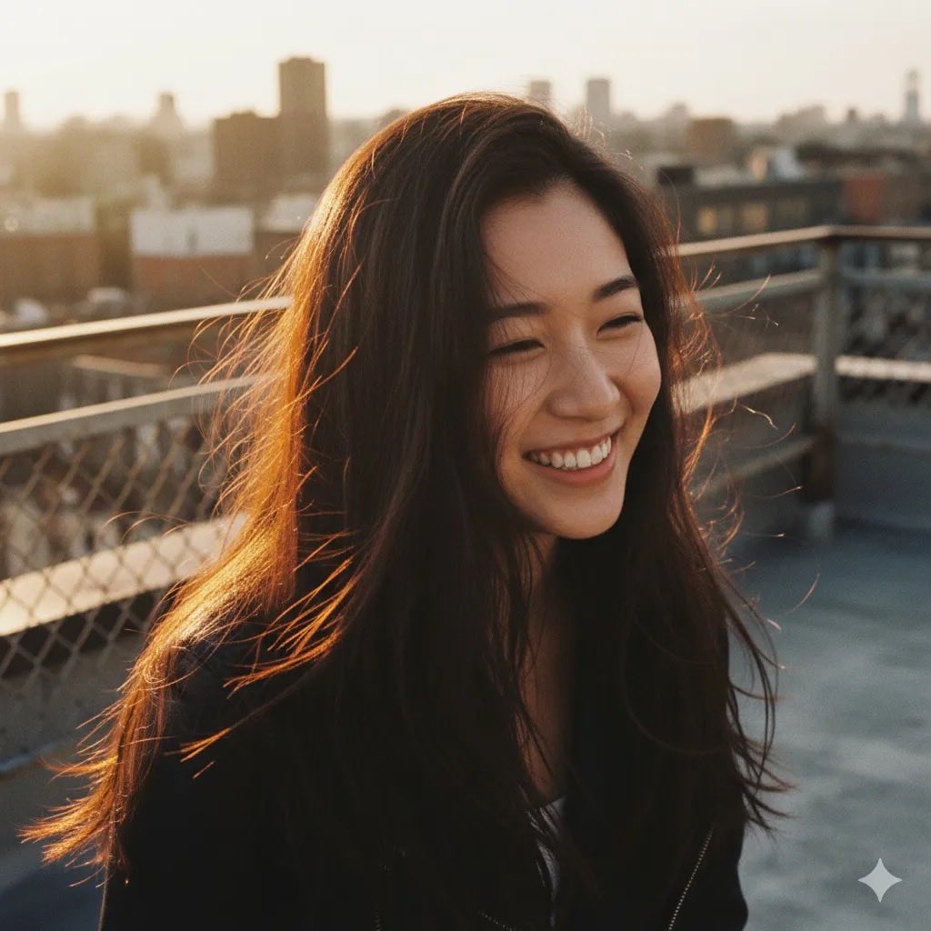 城市天台落日余晖下的微笑少女 效果图