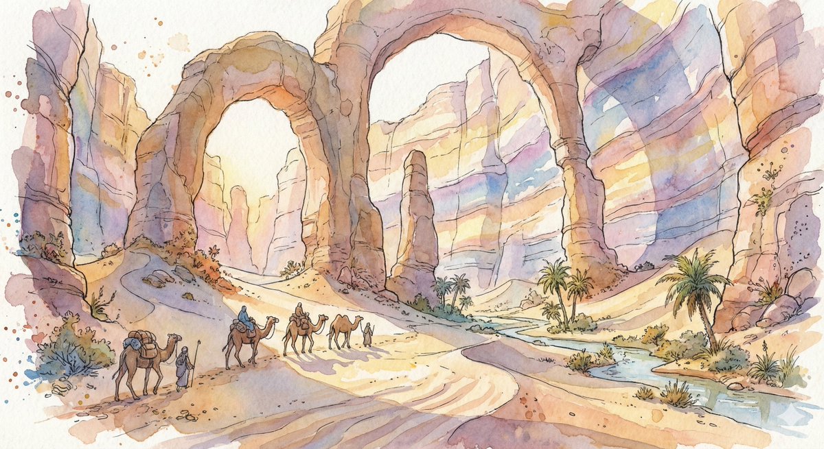 巨石峡谷绿洲的奇幻水彩商旅 效果图