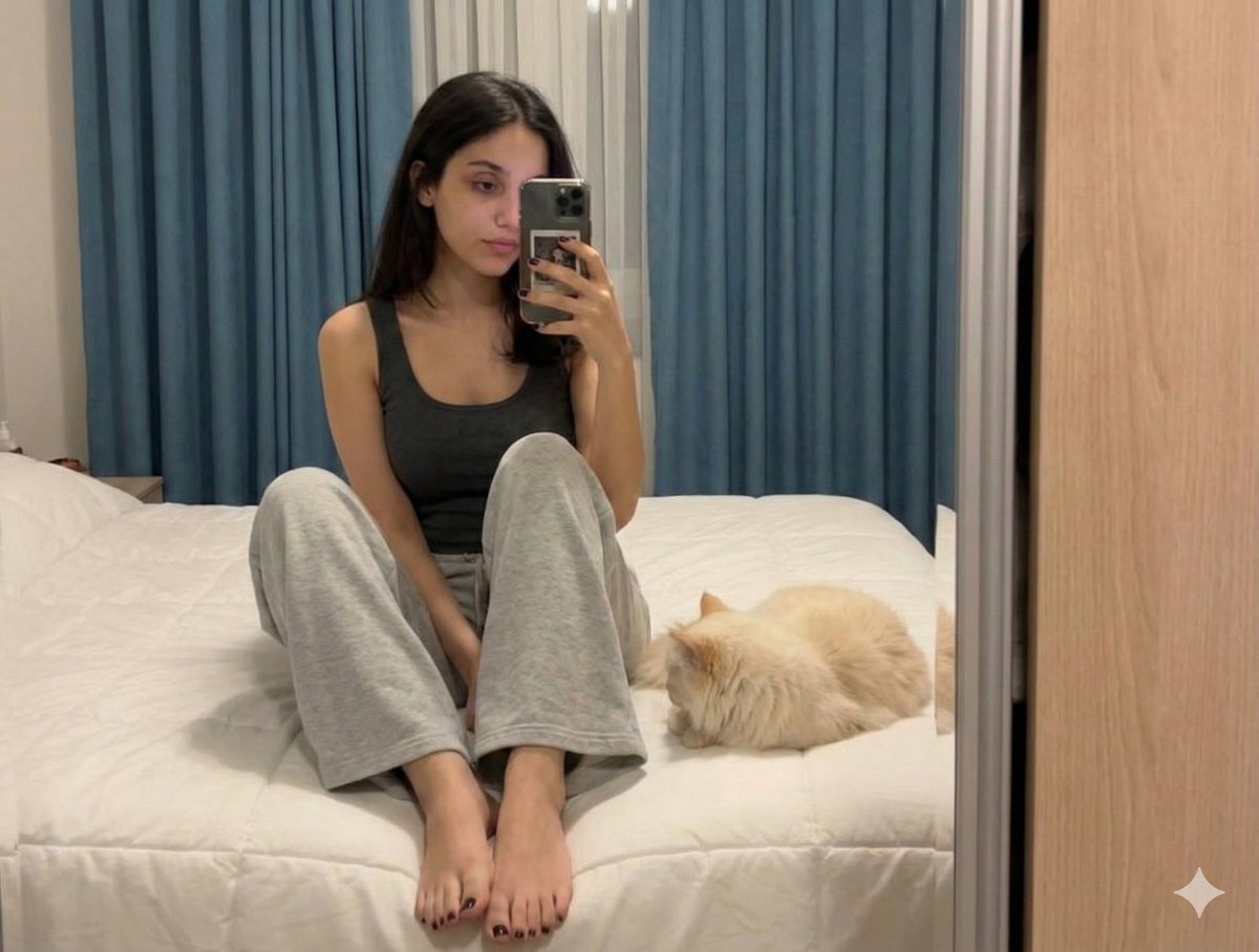长发少女与猫咪的慵懒镜面自拍 效果图