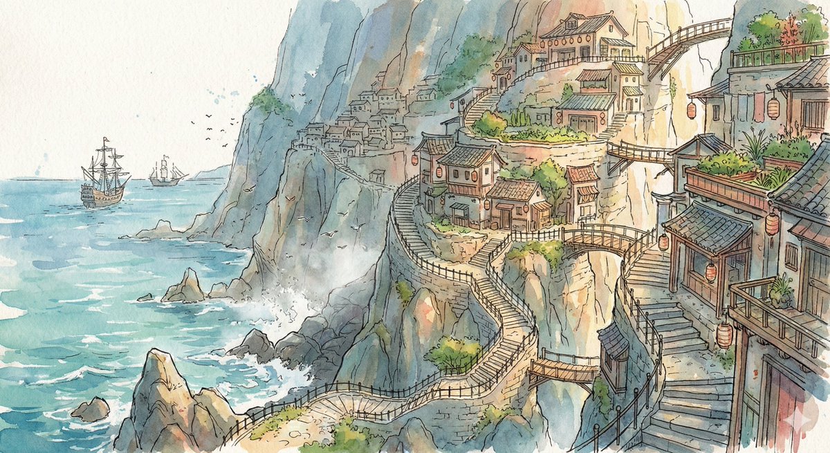 悬崖水彩画里的海边童话村庄 效果图