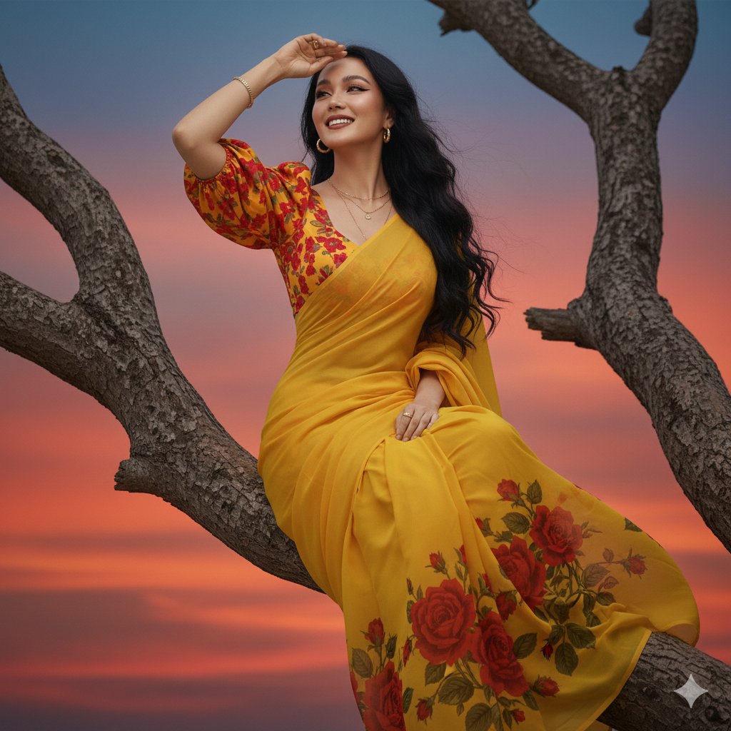 夕阳树枝上眺望的纱丽美人 效果图