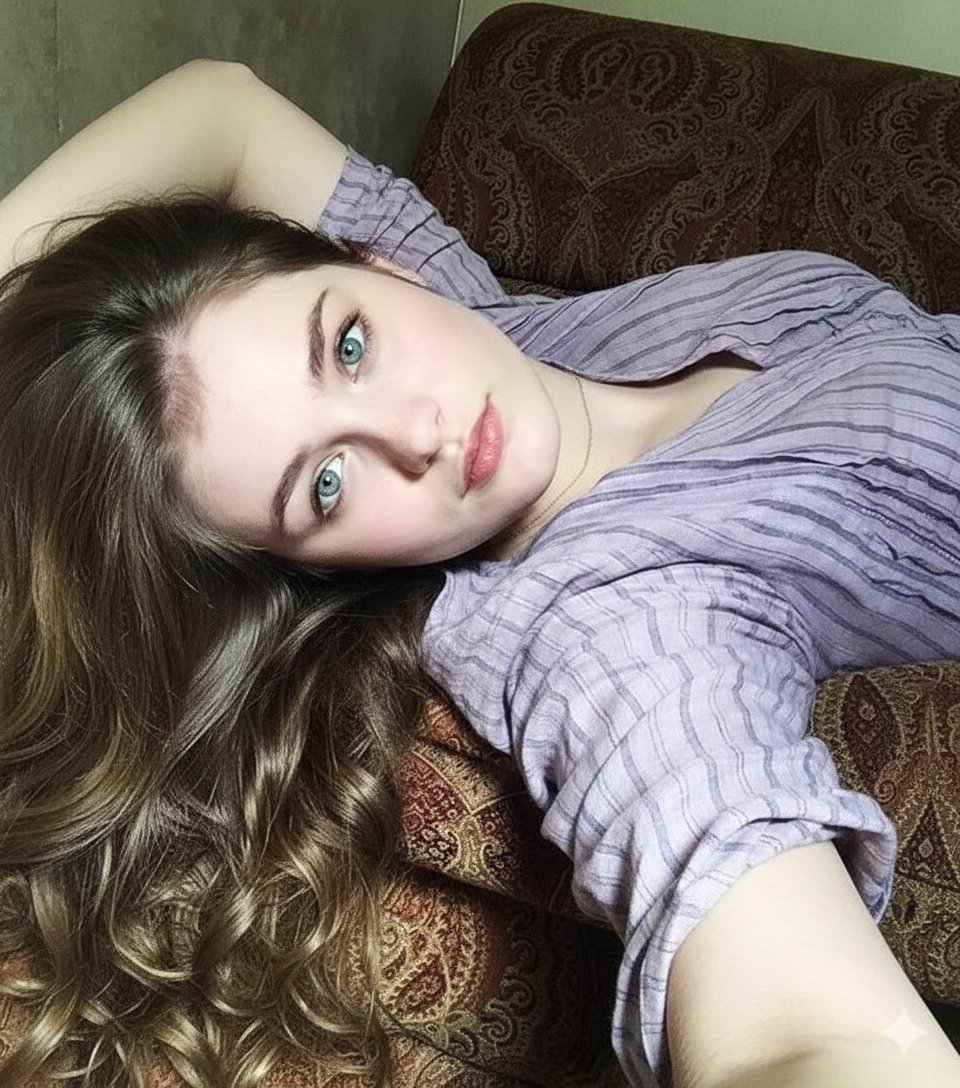 沙发上的绿松石眼眸美女自拍 效果图