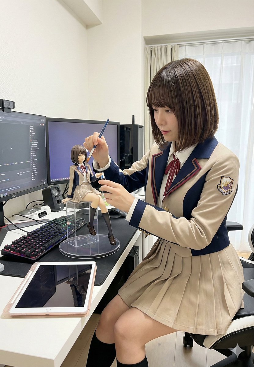 少女轻柔擦拭桌上的微缩手办 效果图