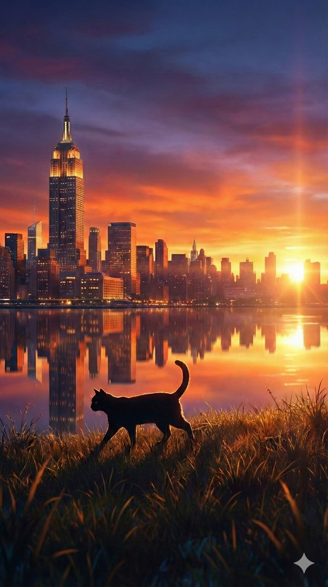 落日余晖下的黑猫与帝国大厦倒影 效果图