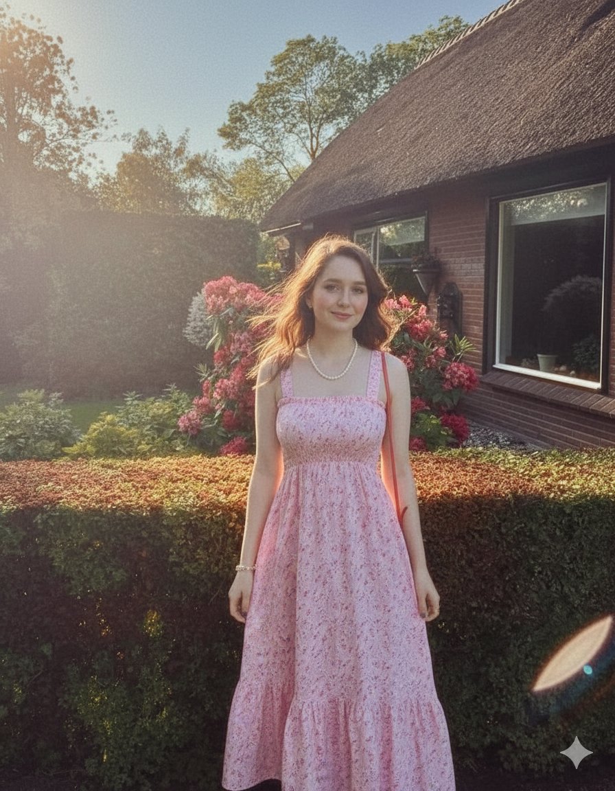 英式花园的粉裙少女肖像 效果图