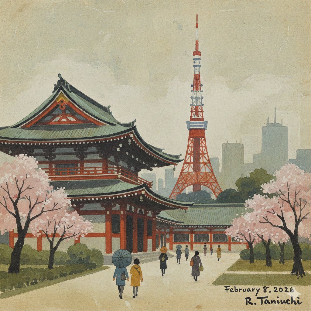 谷内六郎风格绘制的增上寺 效果图