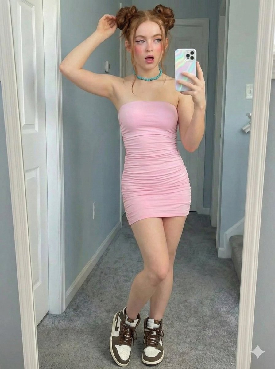粉色紧身裙少女俏皮镜面自拍 效果图