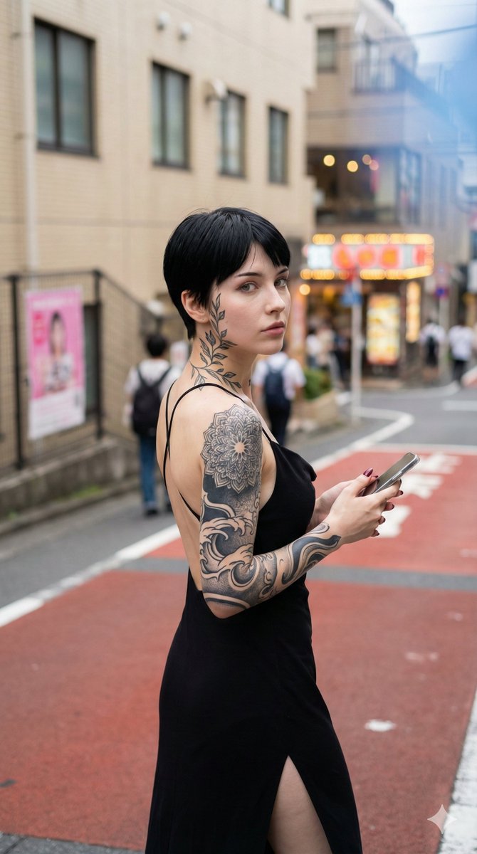 日系街头回眸的刺青黑裙少女 效果图
