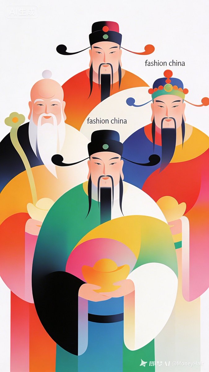 多巴胺色彩的五路财神极简海报 效果图