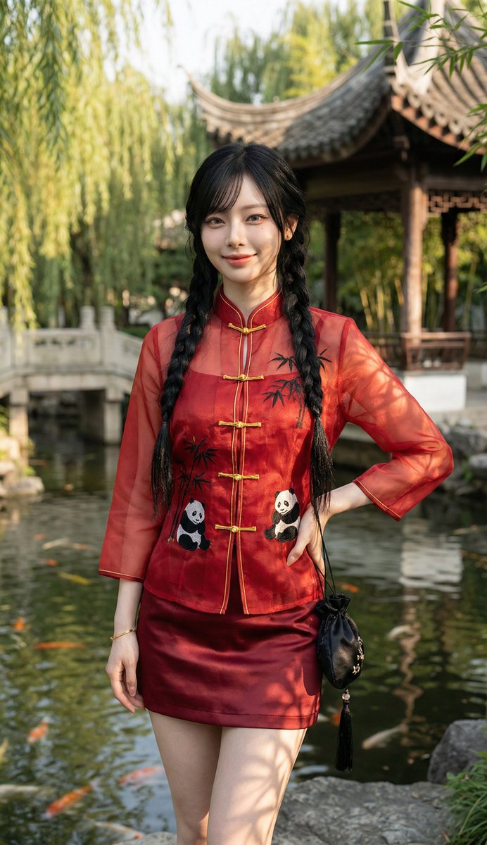 绿意园林里的绝美欧根纱旗袍少女 效果图