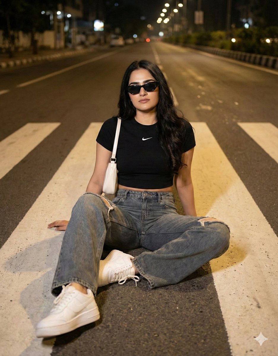 夜晚斑马线上的酷飒街头少女 效果图