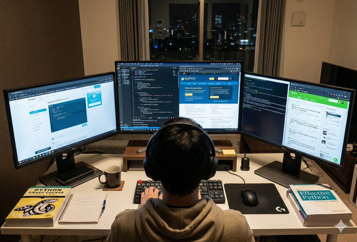 日系程序员深夜钻研Python编程 效果图