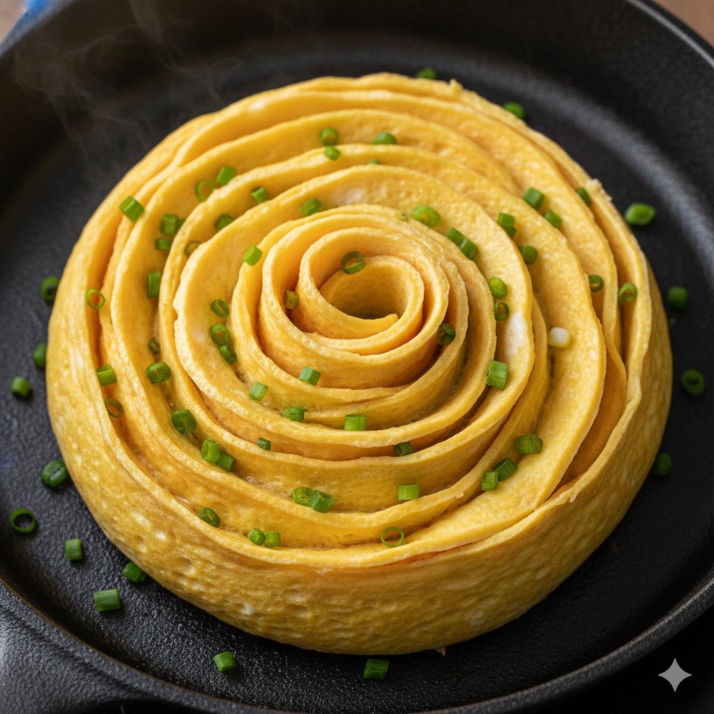 铸铁锅里的玫瑰花形玉子烧特写 效果图