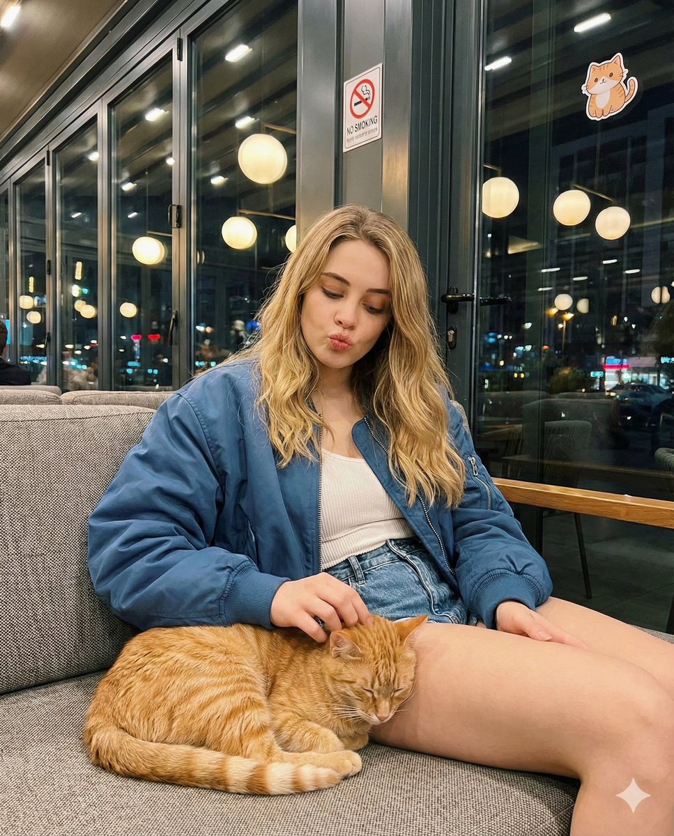 夜色咖啡馆中轻抚橘猫的金发少女 效果图