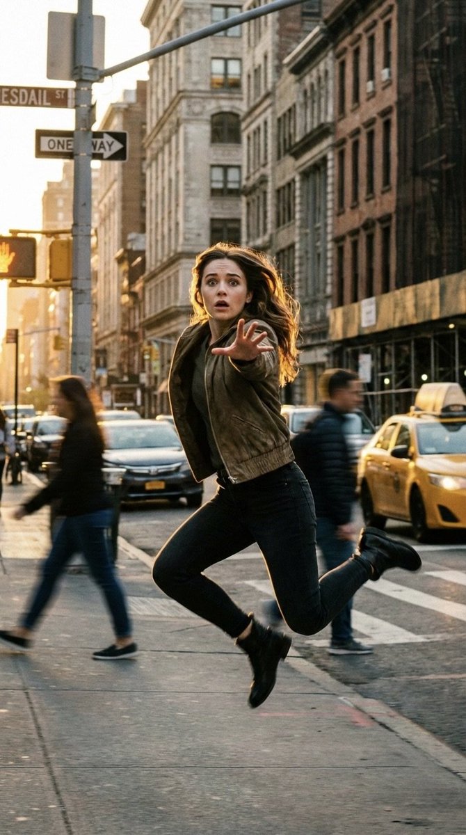 纽约街头凌空跳跃的惊愕少女 效果图