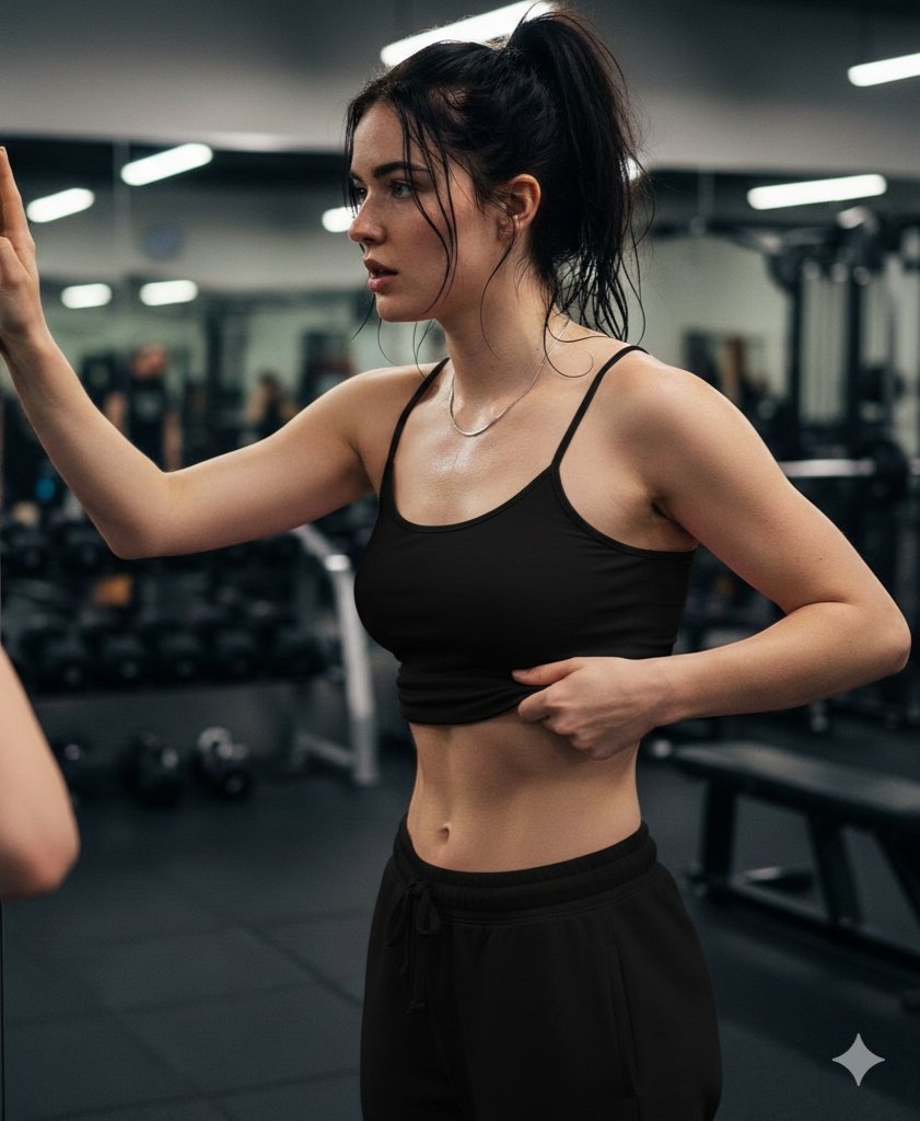 健身房镜子前的Sadie湿发掀衣秀腹肌 效果图