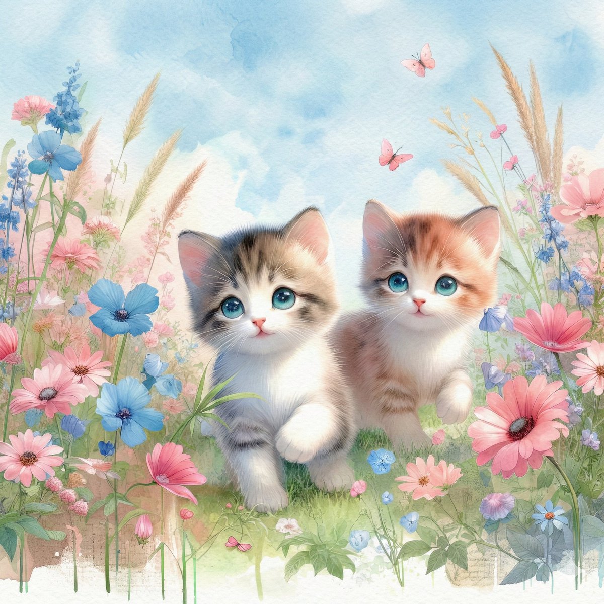 梦幻水彩花丛中的两只蓝眼萌猫漫步 效果图