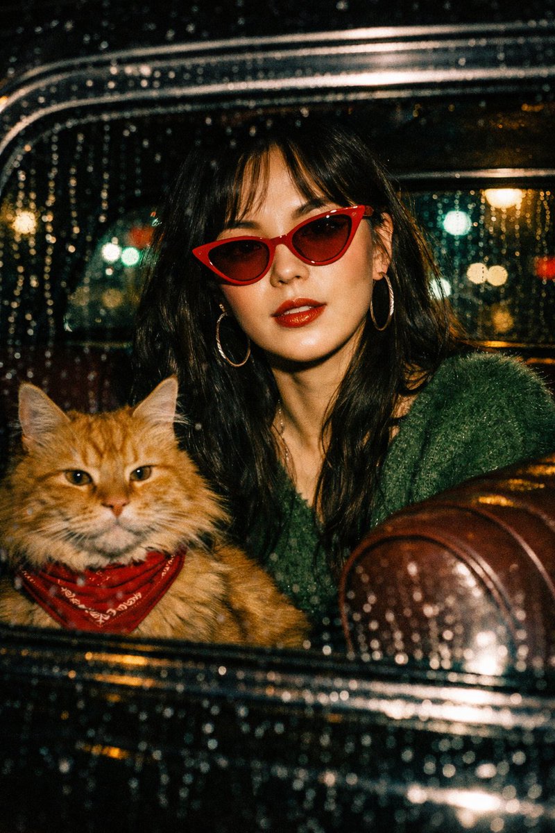 王家卫式雨夜复古女郎与橘猫的闪光灯大片 效果图