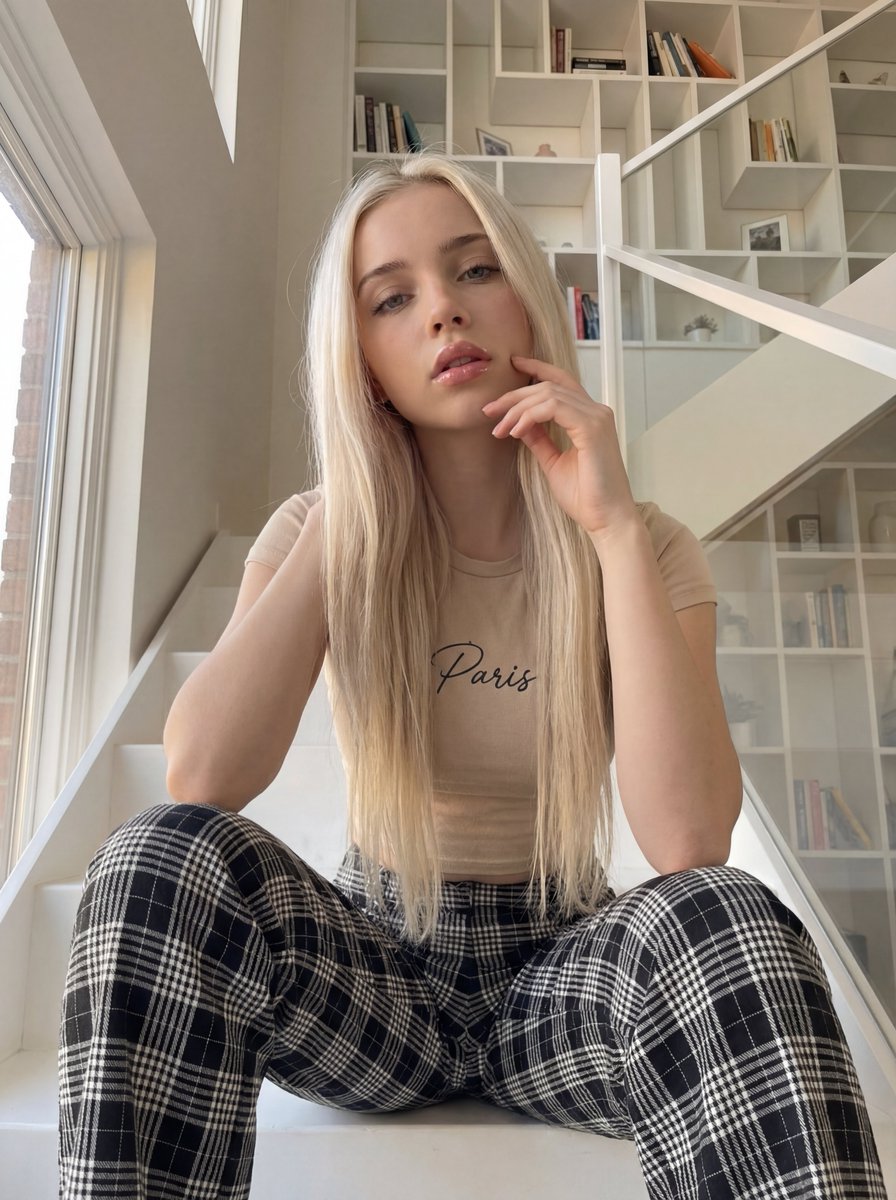 北欧极简光影下的白金长发慵懒少女 效果图