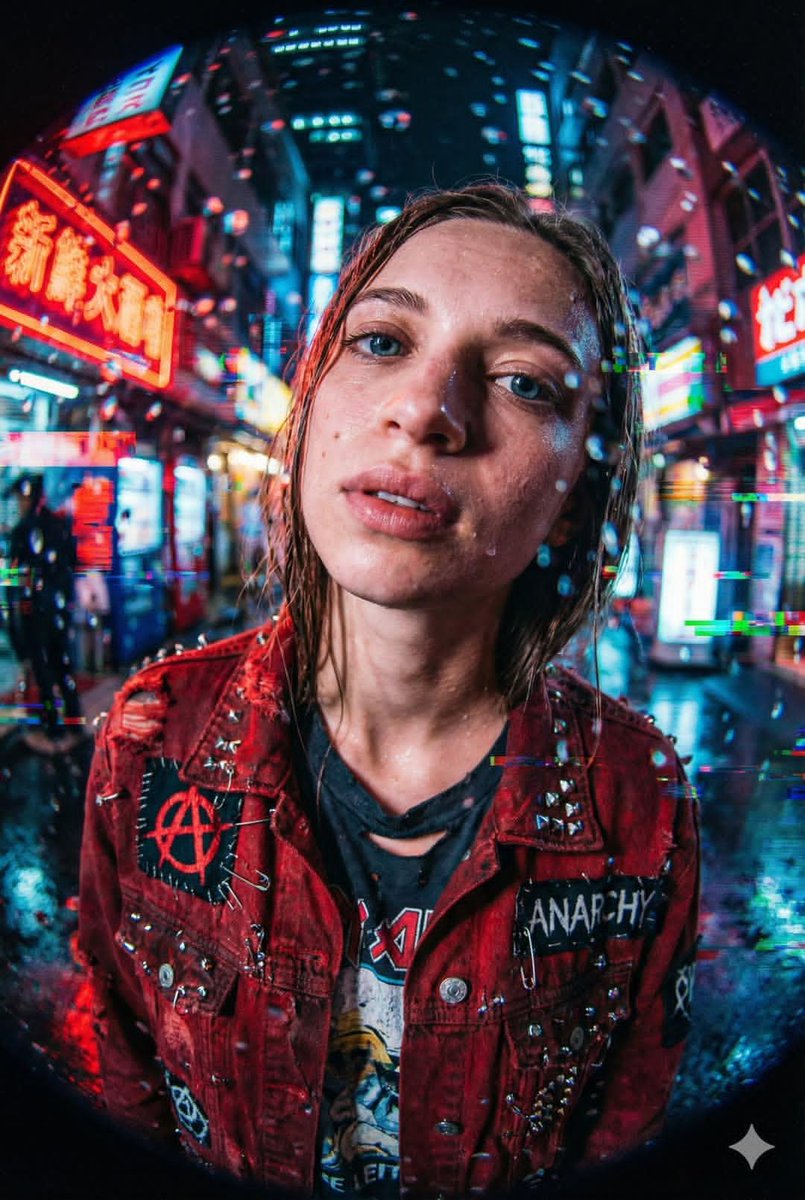 身披破旧红夹克的朋克少女在霓虹雨中狂奔 效果图