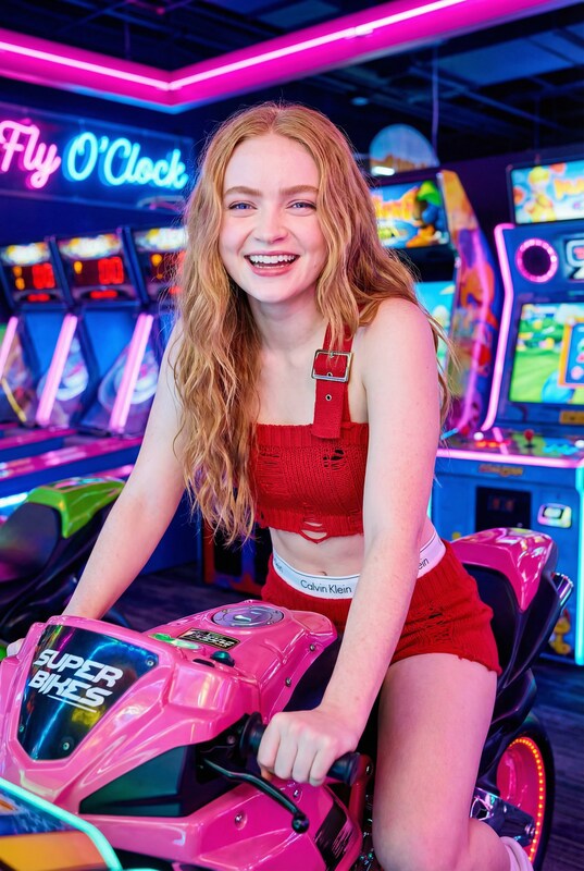 霓虹闪烁的电玩城中红衣金发少女 效果图