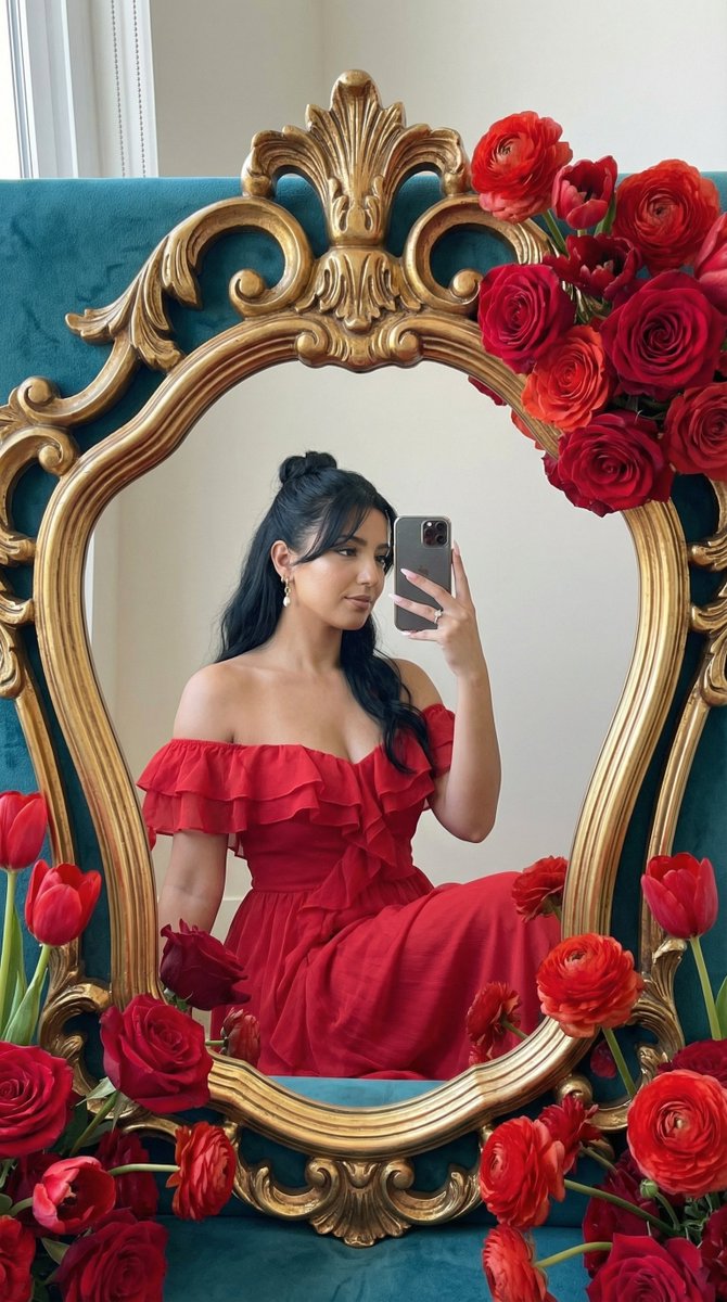 巴洛克红玫瑰环绕的复古镜中少女 效果图
