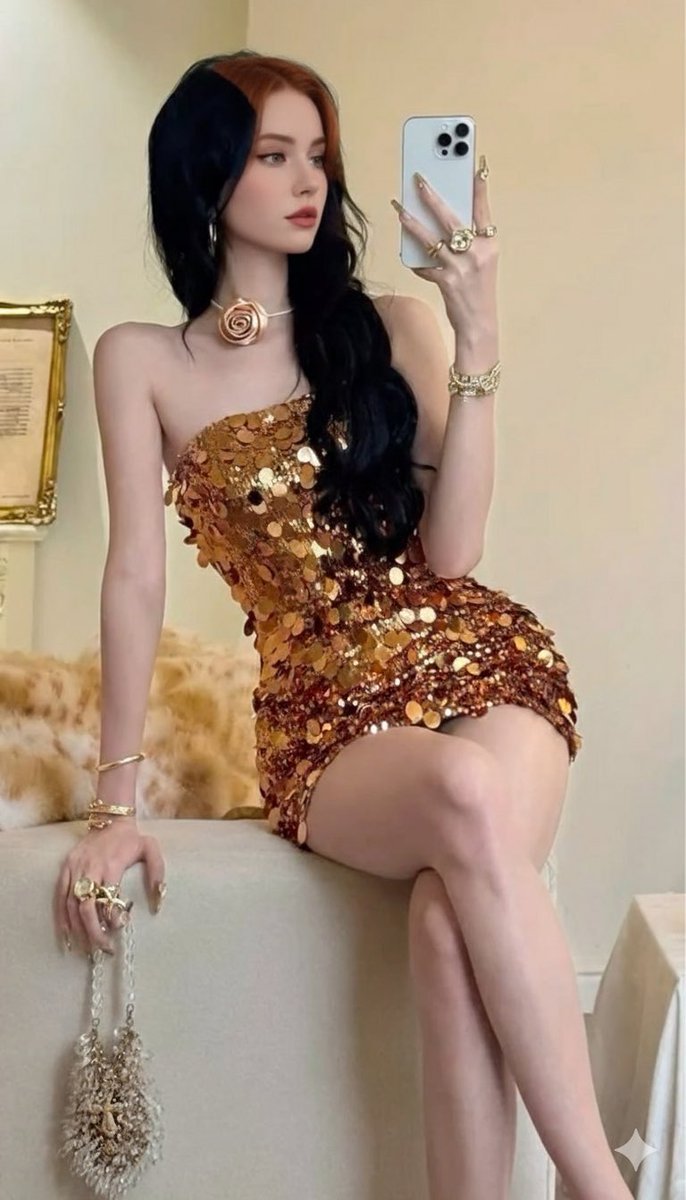 奢华玫瑰金亮片裙的绝美对镜自拍 效果图