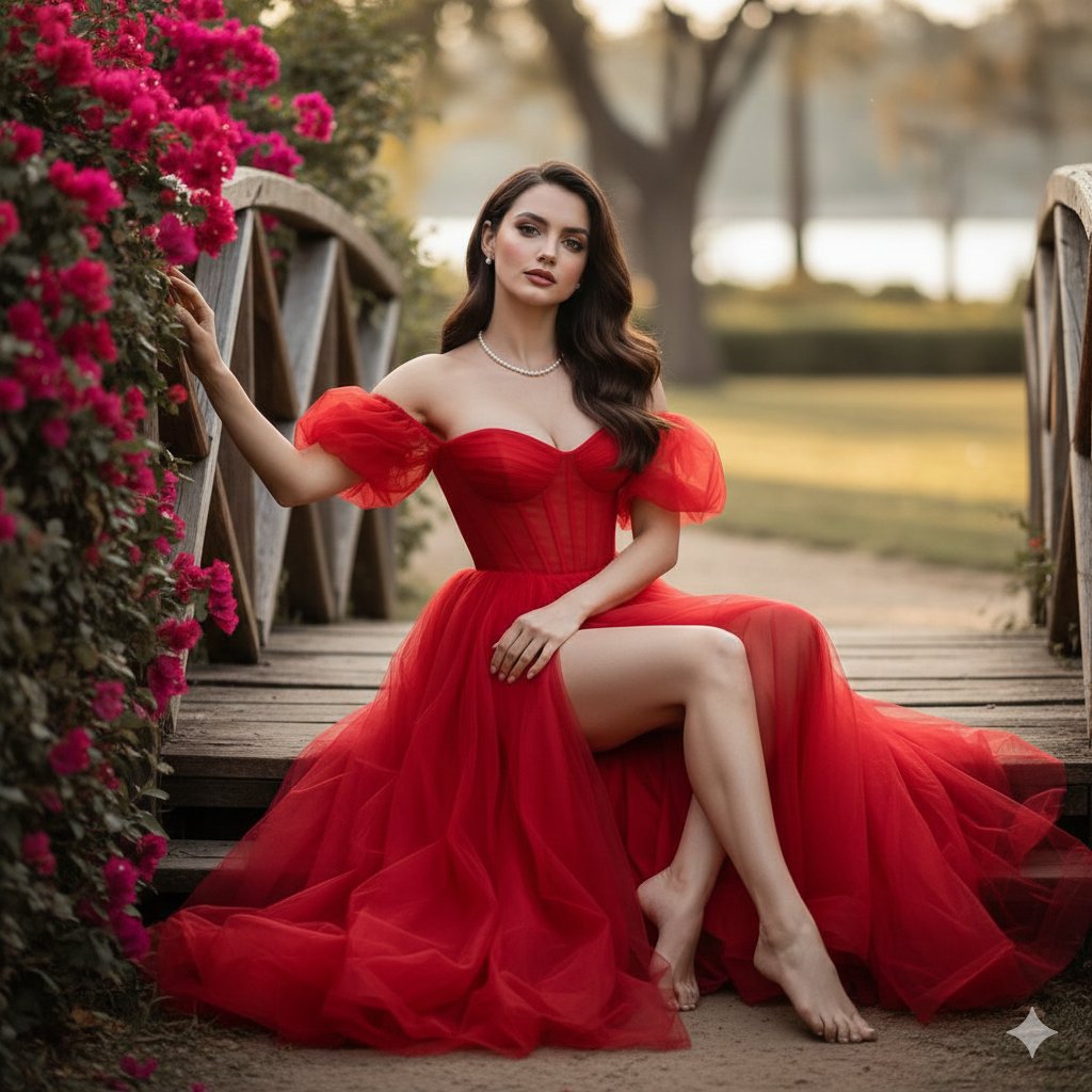 夕阳花丛中优雅坐姿的红裙女神 效果图