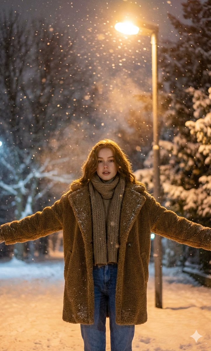 路灯下拥抱飞雪的极致写实冬夜人像 效果图