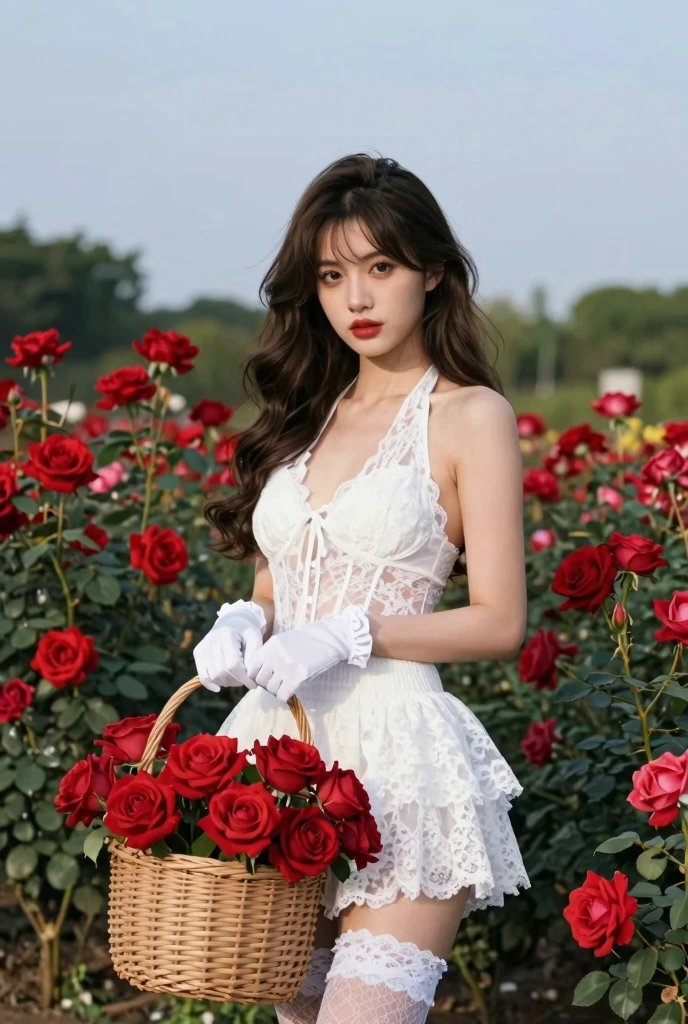 红玫瑰园中的白蕾丝少女唯美写真 效果图