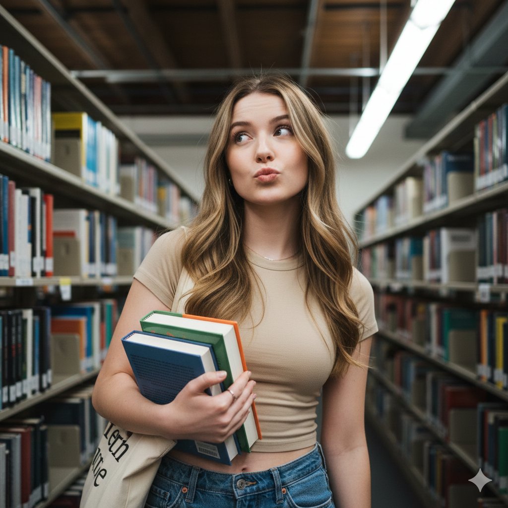 图书馆里俏皮嘟嘴的文艺卷发女孩 效果图