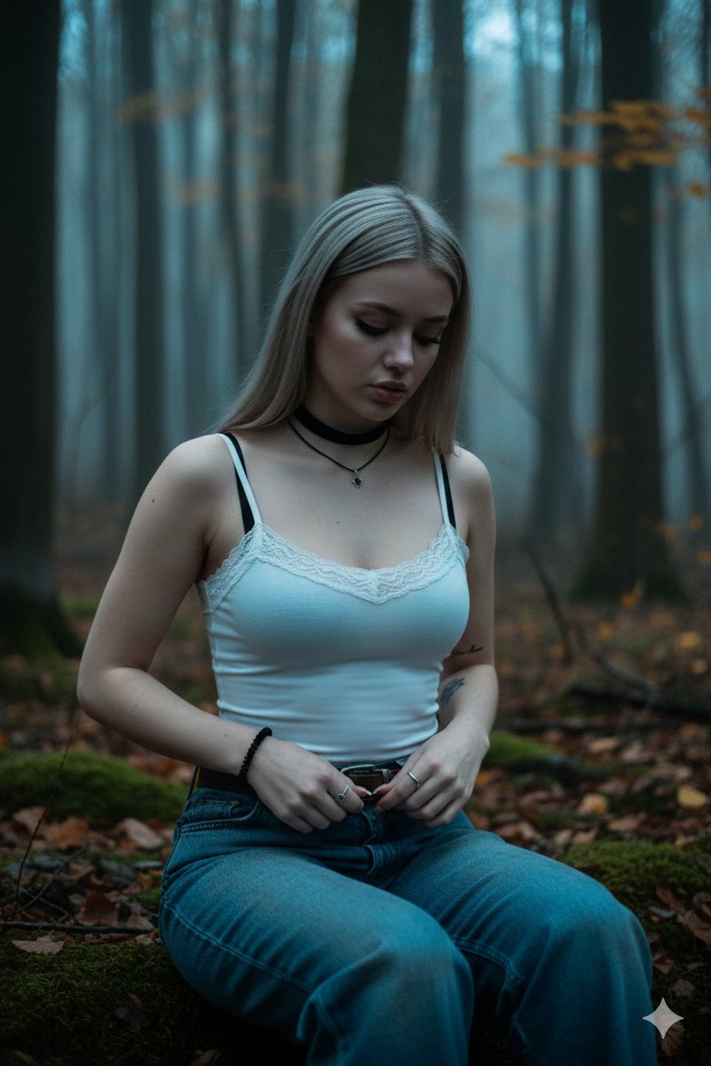 暮光森林中苍白肌肤的哥特少女与忧郁情绪写实摄影 效果图