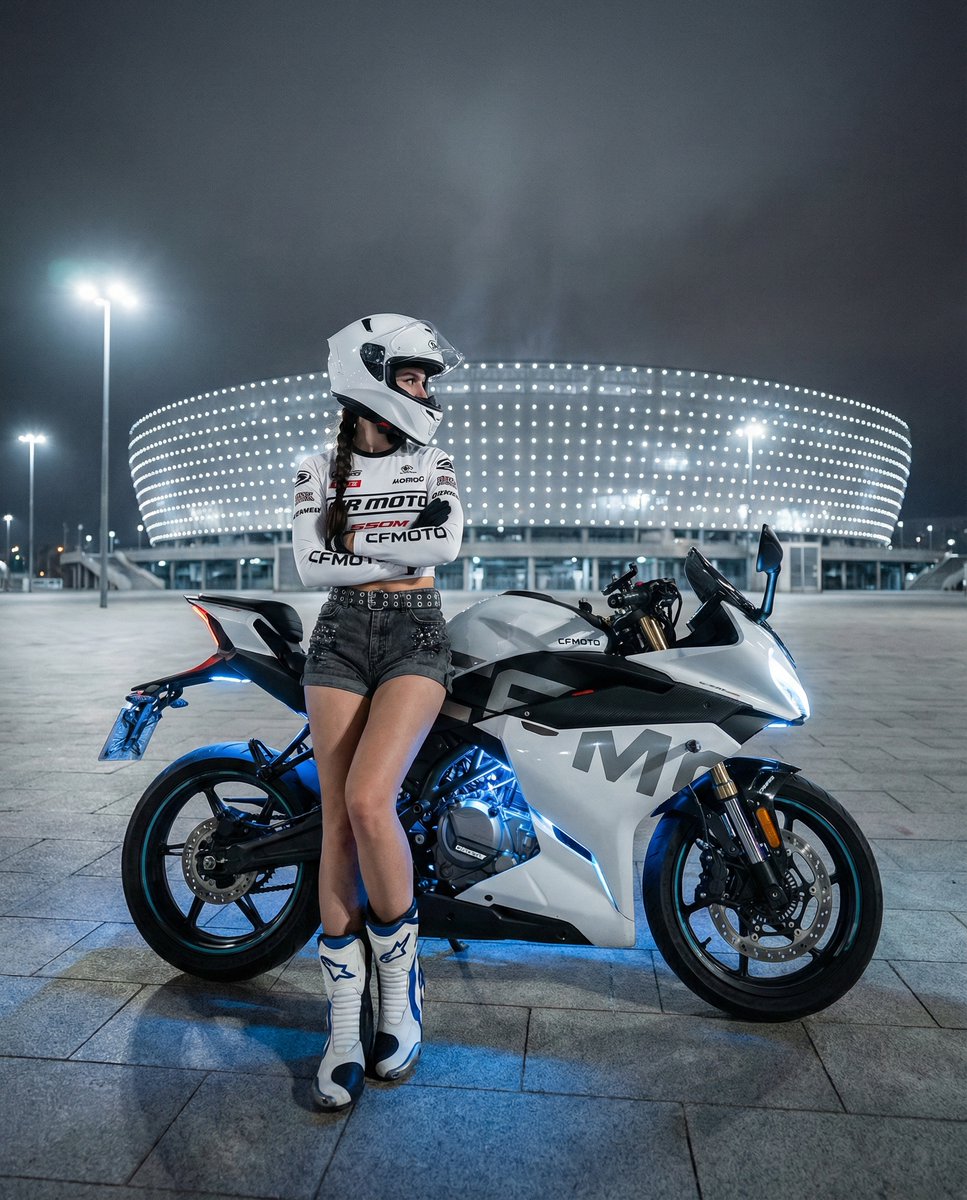 霓虹夜色下的酷飒女骑士与白色超跑摩托 效果图
