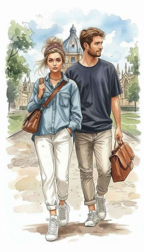 欧式学府前的时尚情侣水彩画 效果图
