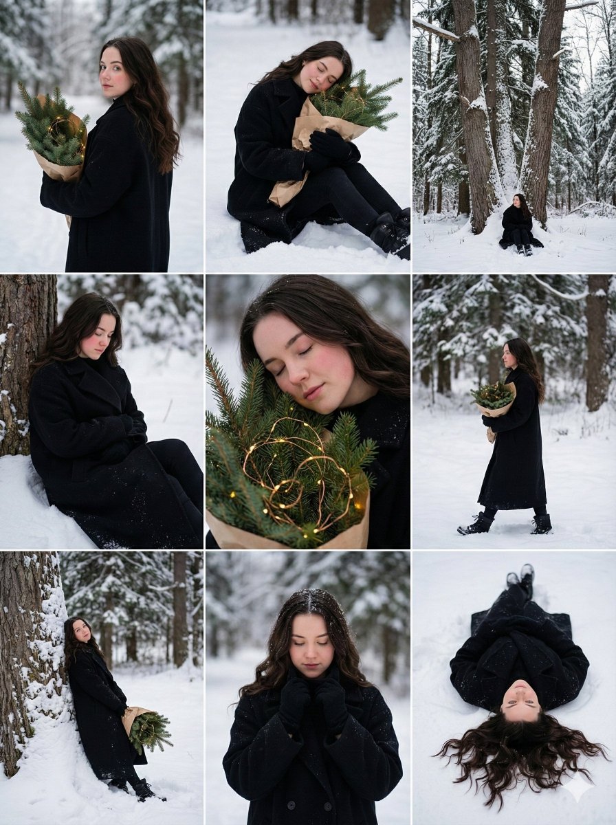 雪林光影：黑衣少女的静谧冬日叙事 效果图