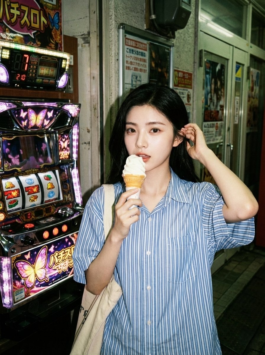 复古胶片感街机厅吃冰淇淋的少女 效果图