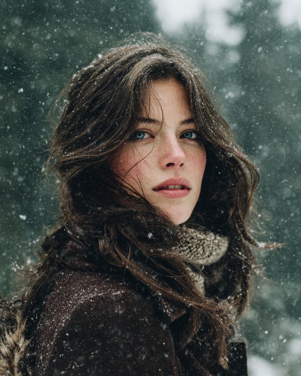 漫天飞雪中回眸的电影感森林少女 效果图