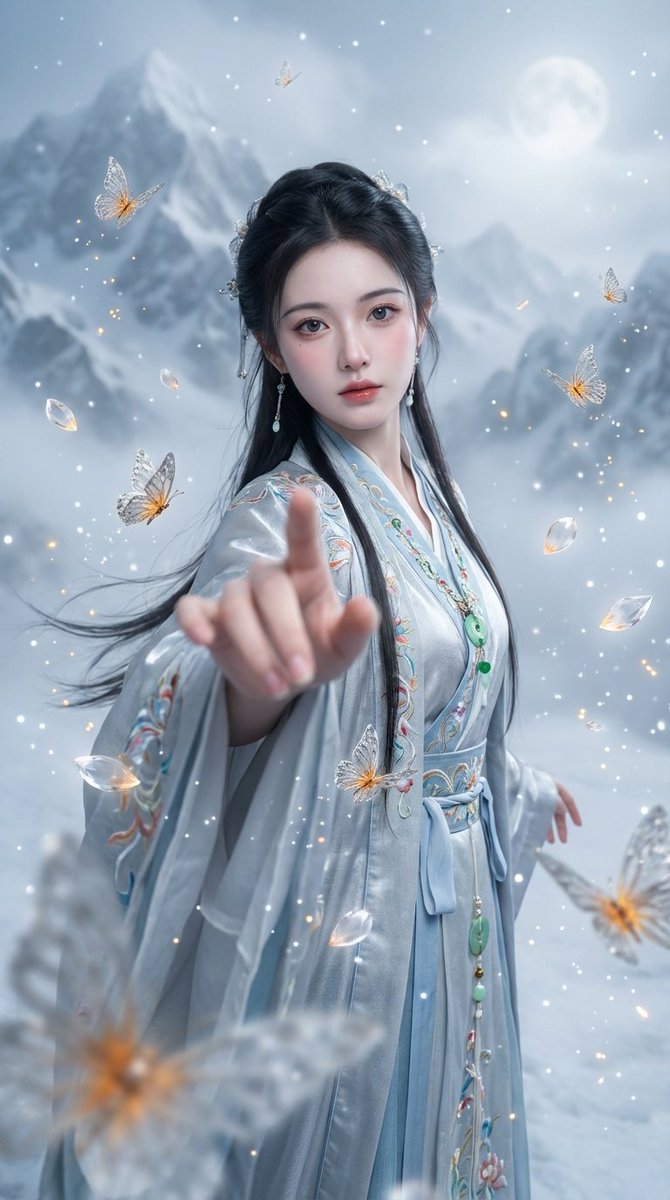 银蓝汉服绝美仙姿伸手互动与灵蝶共舞 效果图
